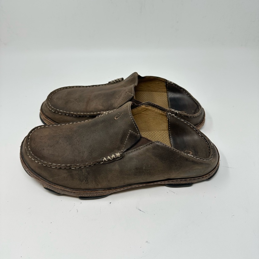 Olukai Moloa Men's Slip On Casual Shoes Brown Leather Loafer Drop In Heel M9.5 - Picture 2 of 13